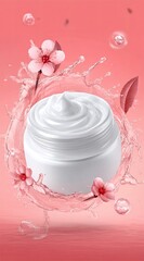 White cream jar surrounded by pink water splashes, cherry blossoms, and falling petals
