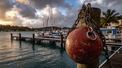 Rusty red buoy on a wooden post in a marina at sunset
