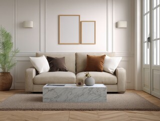 Fototapeta premium Bright Living Room Interior with Beige Sofa and Marble Coffee Table