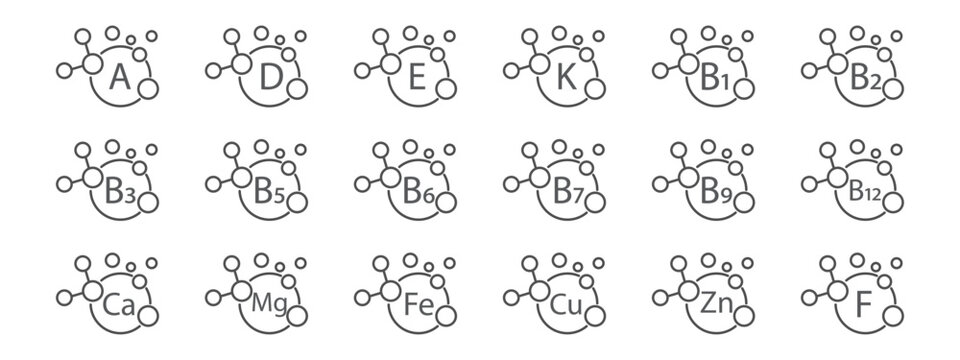 Vitamins and Mineral food supplements line icon set. Suitable for educational materials or health and wellness projects. Medical or dietary concept. Vector symbols isolated on white background.