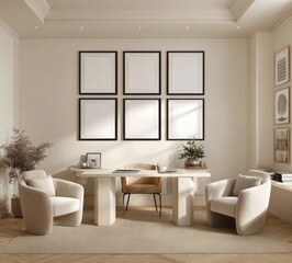 Fototapeta premium Bright Minimalist Home Office Interior with Cream Armchairs and Blank Frames