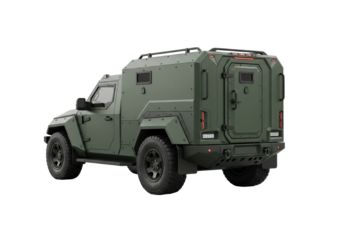 A rugged, matte dark green, next-generation expedition truck with reinforced steel panels and a fortified cargo module on a transparent studio background, showcasing extreme durability concept for