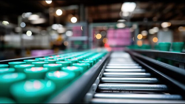 Conveyor belt transporting green containers in large industrial facility during busy working hours