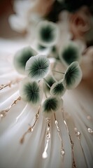 Delicate, pale cream fabric adorned with clusters of  teal-green, leaf-like flowers