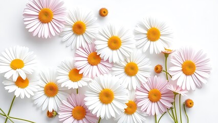 Obraz premium Collection of daisy flowers arranged on a white background, bathed in natural daylight.
