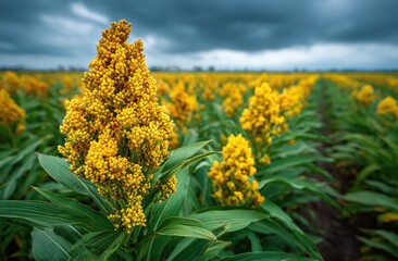A field of golden sorghum blooms under a dramatic, overcast sky. Lush green stalks