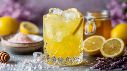 Refreshing Iced Lemon Honey Drink with Soda and Non-Soda Variations – Fresh Citrus Beverage with Ice, Honey, and Summer Vibes. Generative AI.	