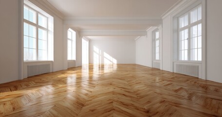 Fototapeta premium Bright Sunlit Empty Room with Hardwood Floors and Large Windows