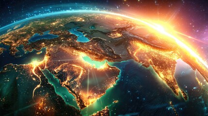 Earth at night, lit by city lights, with sunburst effect