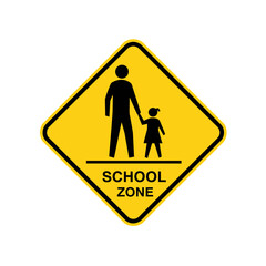 Yellow diamond-shaped school zone sign with a person holding a child's hand, indicating caution.