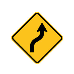 Yellow road sign indicating a curve to the right ahead.