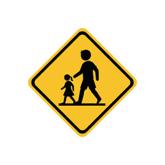 Yellow diamond-shaped pedestrian crossing sign.