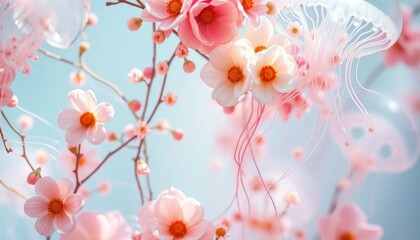 Delicate pink and white blossoms with jellyfish artistic display