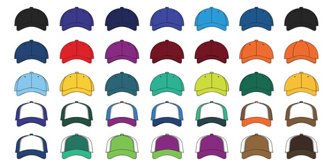 Assortment of Baseball Caps in Diverse Colors and Combinations Keywords: baseball cap, hat, headwear, apparel, clothing, fashion