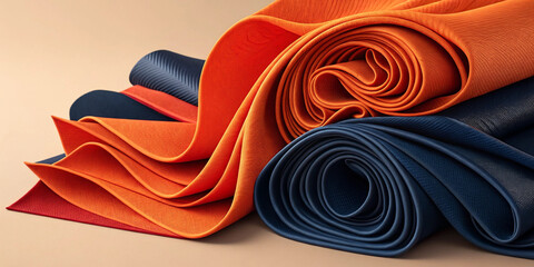 Rolled yoga mats in orange and blue colors, closeup view