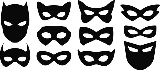 Assortment of Black Silhouette Superhero and Villain Masks on White Background costume disguise © rayhan039