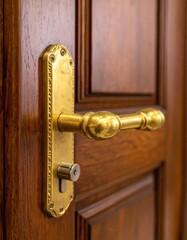 Detailed Close-Up of Classic Brass Door Handle on Wooden Door