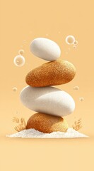 Stacked light beige and cream stones on a bed of pale sand,  against a pale peach background, with small bubbles around