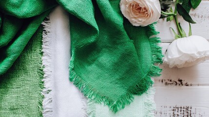 Green and white linen cloths with roses