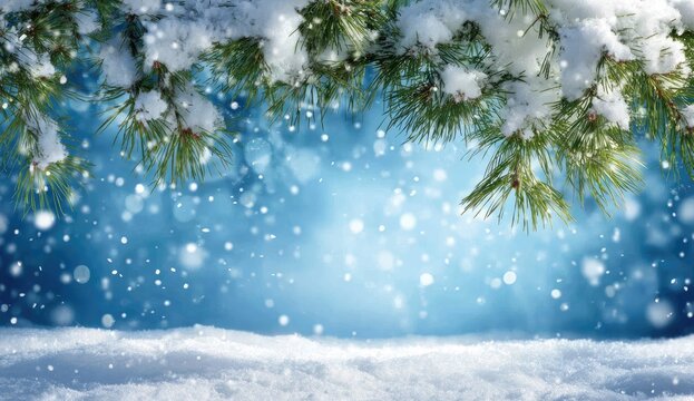 Snowy pine branches against a blue winter background