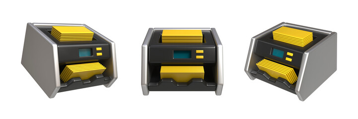 A set of three types of bill counters. The machine counts money automatically. Accounting, calculations, and statistical data. Three-dimensional cartoon-style illustration