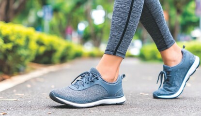 Close-up of woman's feet in gray athletic shoes on a paved path, surrounded by green foliage