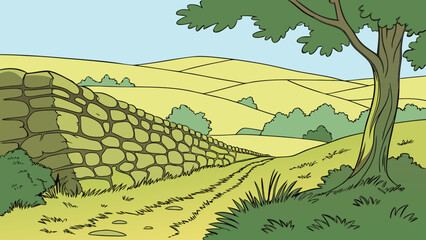 Rustic Stone Wall Country Landscape Vector