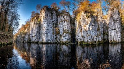 Panoramic view of a calm river reflecting dramatic, light gray rock formations, autumnal trees line the edges