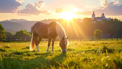 A horse grazes peacefully in a field at sunset