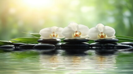 White orchids on dark stones, tranquil scene
