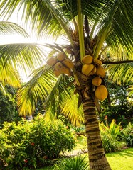 Fototapeta premium Lush palm tree with coconuts under a bright sun