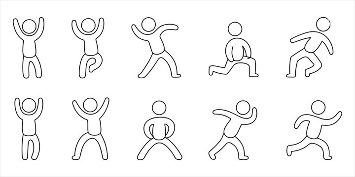 Collection of simple black line art human figures in various active poses Keywords: stick figure, human, person, figure, icon