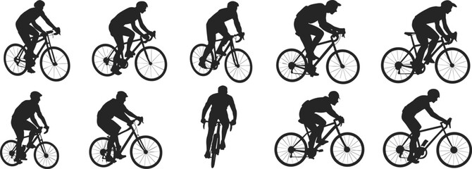 Naklejka premium Collection of Ten Black Silhouettes of Cyclists in Various Poses on White Background cycling bicycle