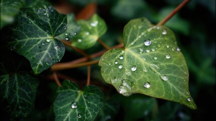 Close Up of Dewy Green Ivy Leaves