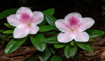 Two delicate, light pink azalea flowers with dark pink speckles