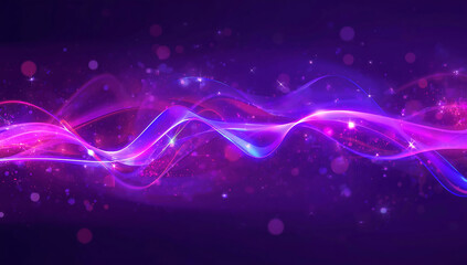 A vibrant abstract digital background featuring glowing neon light trails and flowing energy waves. Bright streaks of purple, pink, and blue swirl across a midnight gradient with sparkling particles, 