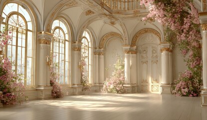 Opulent interior with arched windows, ornate gold trim, and blooming pink flowers cascading
