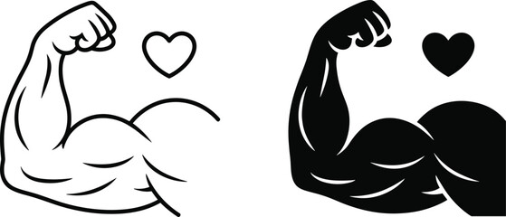 Flexing Bicep Muscle Icon with Heart Outline and Filled Heart strength