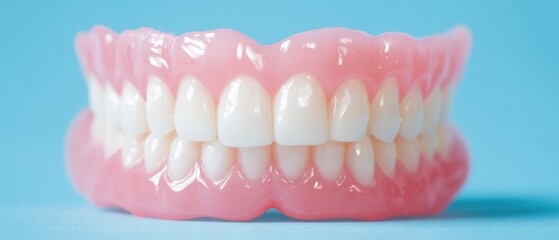 Fototapeta premium The Dentures on a Blue Background Close-up of Full Set of Teeth