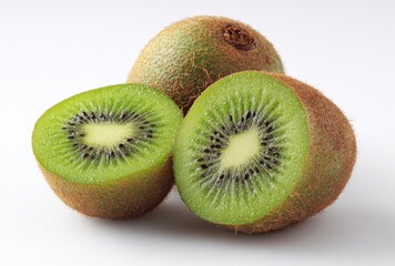 Fototapeta premium Closeup of Two Whole and Two Halved Kiwifruits on White Background