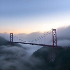 Bridge of red steel stretching across foggy valley at dawn.