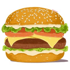 Delicious Juicy Cheeseburger with Lettuce, Tomato, and Cheese Slices on a Bun, Oil Pastel Drawing