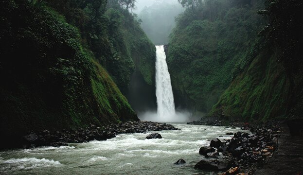 Lush rainforest surrounds a powerful waterfall cascading into a rocky stream