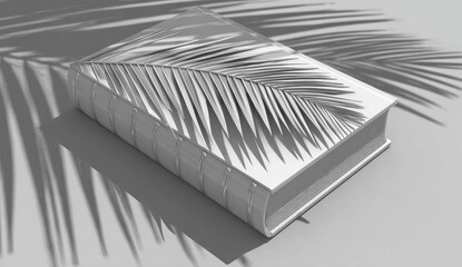 A grayscale book with a palm frond shadow