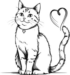 single continuous black line cat sitting, heart tail loop, minimal, t-shirt vector, white bg 3