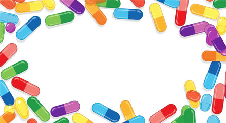 A playful vibrant display of assorted medicine capsules framing a pristine white space ready for