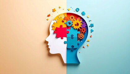 Mindfulness Concept with Colorful Gears and Puzzle Pieces Shaping a Human Head