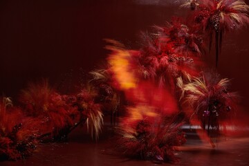 Dynamic motion with vibrant floral arrangements in a modern art setting.
