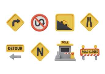 3d icon of collection of traffic and road signs, isolated on transparent background