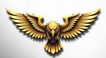 Majestic Golden Eagle Emblem with Spread Wings on White Wall. 3D Metallic Falcon Logo with Red Eyes, Symbol of Power, Luxury, and Success.